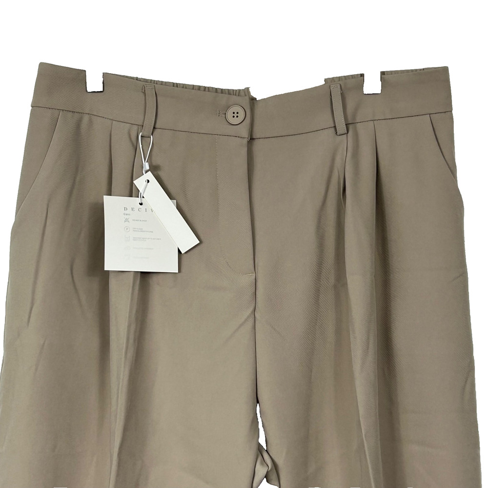 DECIVI Wide Leg Trousers Womens XLarge Khaki Tan Pleated Elastic Waist New - Picture 2 of 10